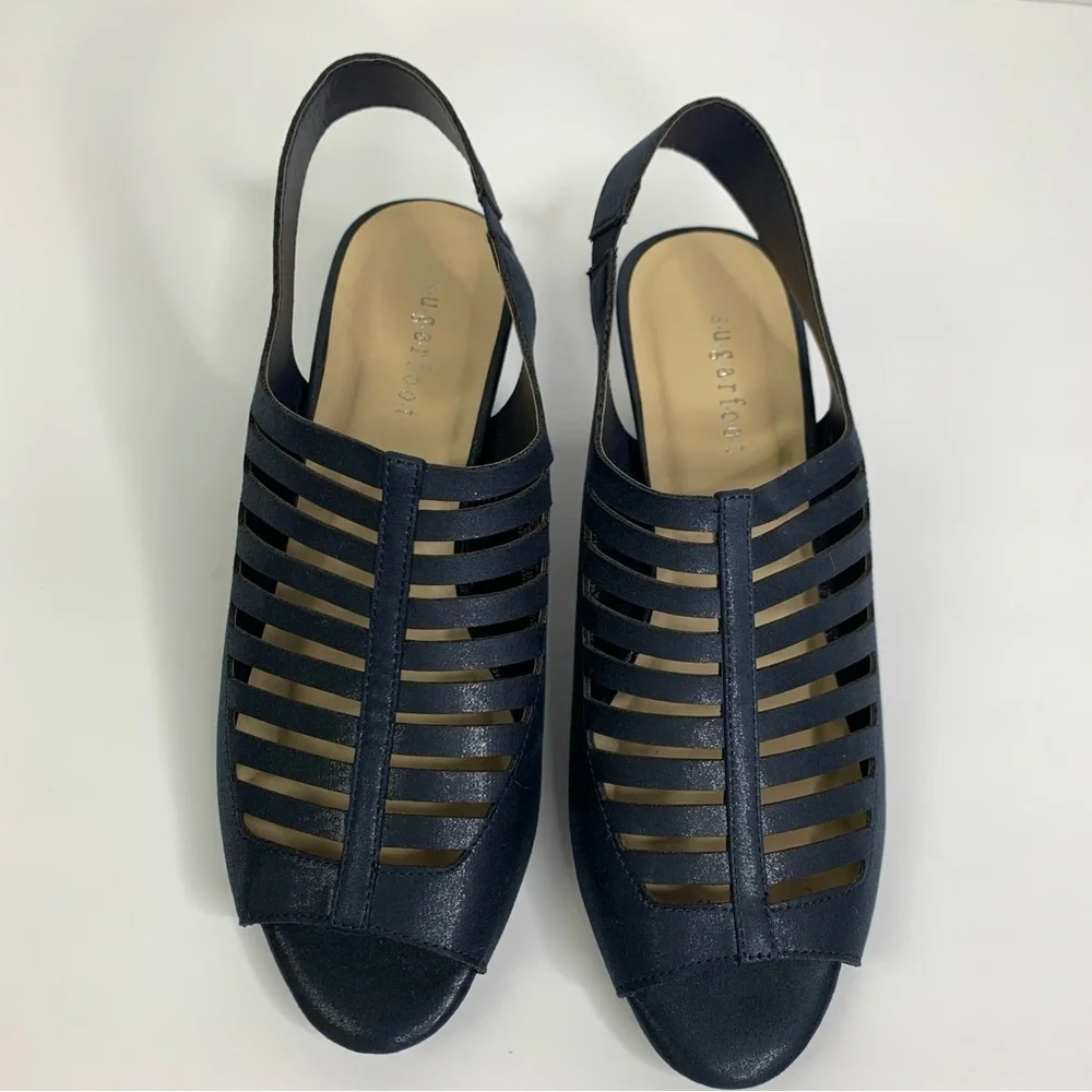 Sugarfoot New Navy Cut Out Open Toe Slingback 2” heeled Career Sandals Size 8.5